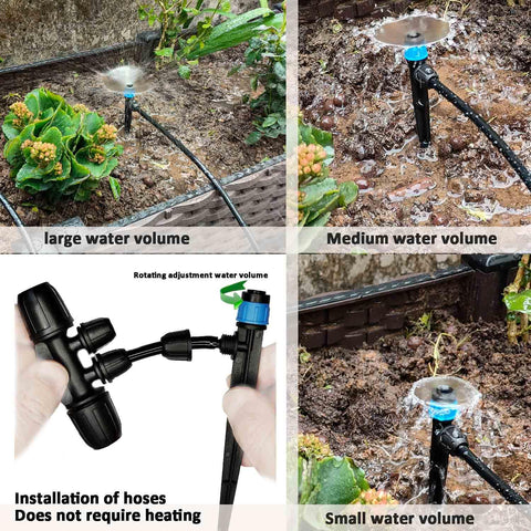 Smart Drip Irrigation Kit With Water Timer, 162 Feet System, adjustable sprinkler nozzles showing various water volumes