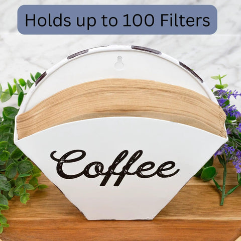 Enamelware Coffee Filter Holder Wall Mount Cone Shaped White Vintage Farmhouse Style Filter Storage Container With Distressed White Finish And Black Lettering, holds up to 100 filters