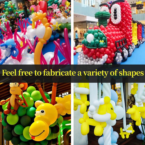 Colorful twisted balloon creations including animals and shapes using 100 Pcs Clear Long Latex Model Balloons No Fuss Twisting Surface Prime Grade Heavy Duty Rubber For Kids Party Carnival Decor And Big Time Sculpture Art Projects.