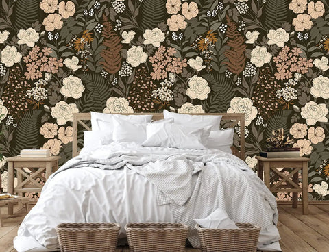 Bedroom with Peel And Stick Floral Wallpaper Removable Mural With Vintage Rose Leaf Pattern In Black Brown And Beige Easy No Mess Install Renters Friendly Vinyl Wall Covering 17.7 Inch By 9.8 Foot