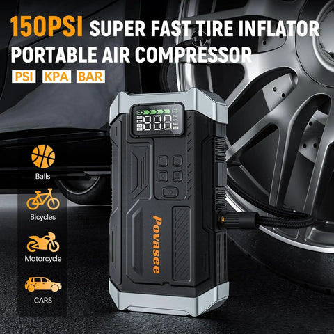 All In One 5000A Jump Starter With Air Compressor And 150 PSI Tire Inflator Portable 12V Jump Box beside car wheel