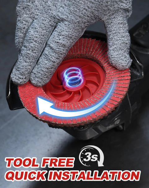Heavy Duty Ceramic Flap Discs 40 Grit Type 27 4 1/2 X 7/8 Inch Arbor 5 Pack shown with easy tool-free installation.