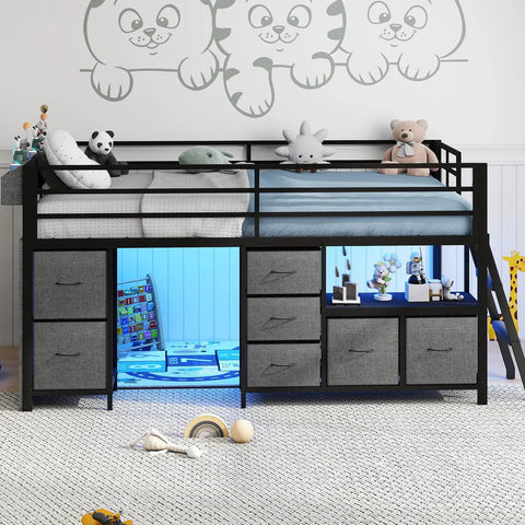 Low Loft Bed For Kids With Seven Storage Drawers And Built In Bookcase Twin Size Space Saving 14 Inch Guardrail Inclined Ladder LED Lights