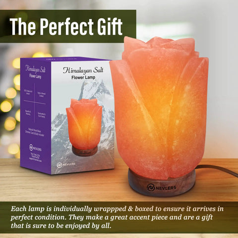 Flower Shape Pink Himalayan Salt Lamp With Wood Base And Dimmer, Handcrafted 7-8 Lbs Salt Rock Lamp next to its packaging.