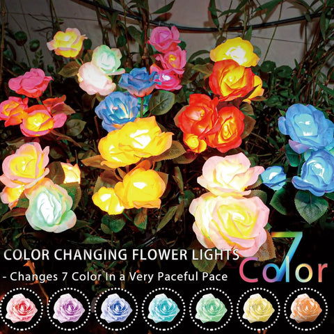 Solar Rose Garden Lights Set Upgraded Outdoor Lighting With 7 Color Changing Roses for Yard and Garden Decor, night view