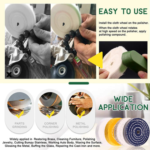 Badass 3 Inch Buffing Polishing Wheel Kit Featuring Workhorse Sisal Denim And Ultra Plush Cotton Buffer Discs in use for polishing.