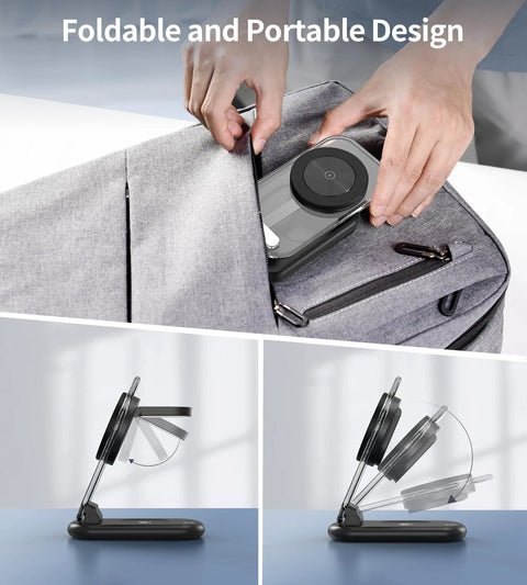 3 In 1 Magnetic Wireless Charging Station With MagSafe Foldable Travel Charger Stand in backpack and on desk.
