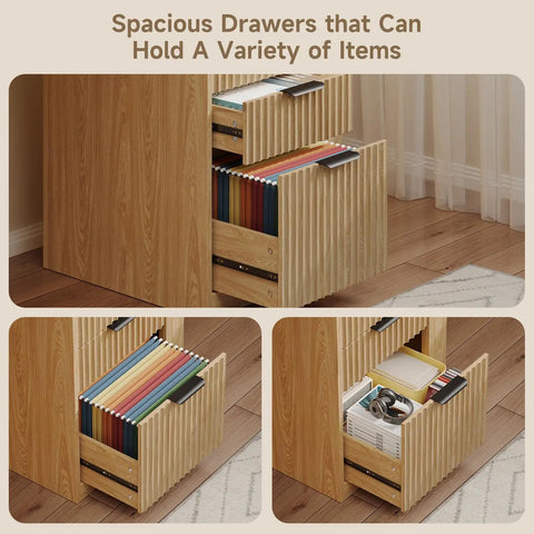 63 Inch Electric Height Adjustable Standing Desk With Smooth Glide Motor Built In Filing Cabinet And Roomy Storage Shelves Oak Brown Finish showing spacious drawers for storage.