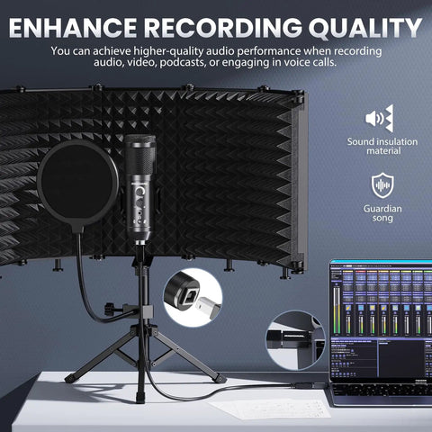 USB Condenser Microphone Kit With Isolation Shield Pop Filter And Tri Stand For Laptop PC Mac And Phone Recording Vocals Podcasts Singing In Home Studio on desk with isolation shield and pop filter, connected to laptop.