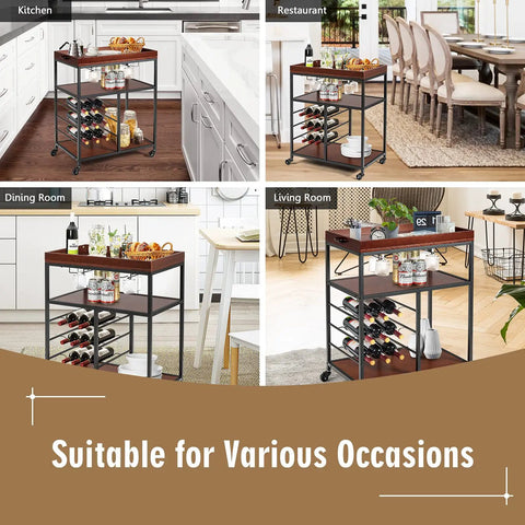 Slick Rolling Kitchen Island Cart With Rustic Brown Wood And Steel Frame Nine Bottle Wine Rack Double Glass Holders in various settings.