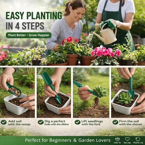 Easy planting demonstration using Ultra Handy 12 Hole Digger Seed Spreader Kit With 7 Piece Seed Dispenser Set in a garden.