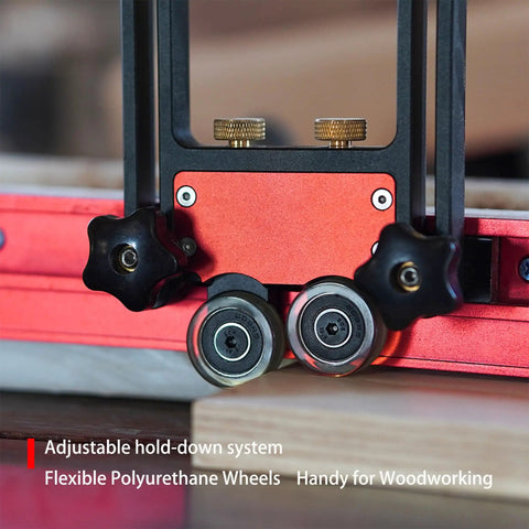 Close-up of Two Piece Adjustable Table Saw Stock Guides Featuring Slick Aluminum Brackets And Dead On Urethane Rollers for precise cuts.