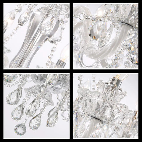 Close-up details of Six Light Crystal Chandelier With K9 Clear Crystals, Modern Ceiling Pendant Lighting Fixture for living room.