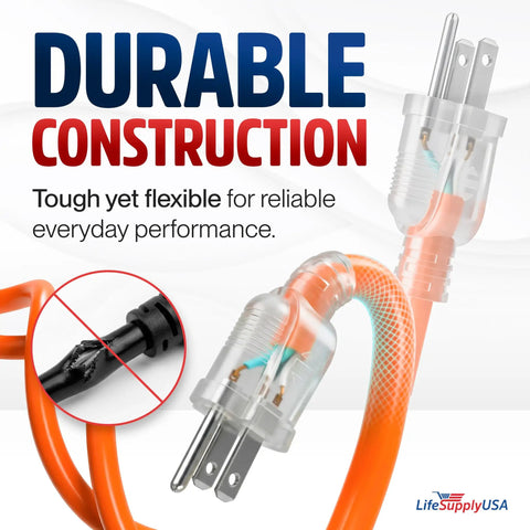 Heavy Duty Outdoor Indoor Extension Cord Built Tough 200 Feet 14 Gauge 3 Prong SJTW Waterproof Flexible Cold Weather Resistant Power Cable