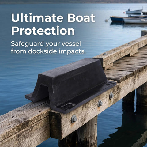 Arch Rubber Dock Protection Bolt Down Unit for marinas and piers, mounted on wooden dock to safeguard boats.