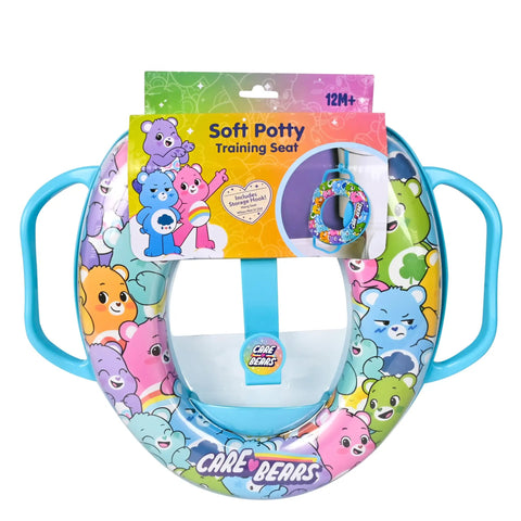 Chill Comfy Toddler Potty Training Seat With Ultra Thick Cushion And Non Slip Toilet Pad Featuring Rock Solid Grip Handles Plus Quick Release Storage Hook For No Sweat Potty Routine, vibrant Care Bears design.