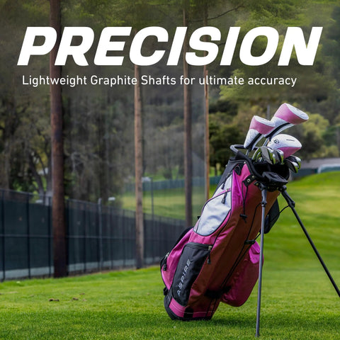 Women's Golf Club Set With Driver, Fairway Wood, Hybrid, Six PW Irons, Putter, Stand Bag, Three Head Covers, Ultra Light Graphite Shafts, Right Handed, Pink Finish, displayed on green field