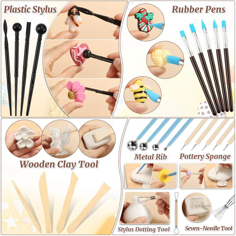 8 Lb Air Dry Clay Kit With 100Ml Gloss Glaze Varnish And 27-Piece Pottery Tools Sculpting Set showcasing various tools
