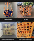 Beefy Heavy Duty Polyester Lifting Net For Cargo Garden And Industrial Tasks shown securing blue box and logs, versatile uses seen.