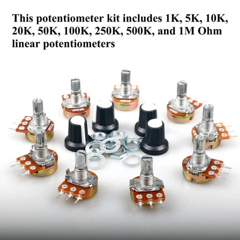 Must Have Potentiometer Kit 45 Piece Set With 1K 5K 10K 20K 50K 100K 250K 500K 1M Ohm B Type Linear Pots 15mm Shaft 3 Pin Variable Resistors