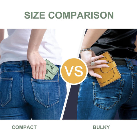 Size comparison of Compact Women’s Bifold Wallet With RFID Blocking Leather Card Holder vs larger yellow wallet in jeans pockets