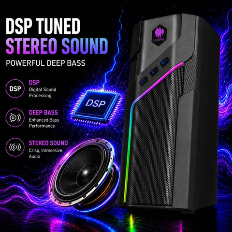 Black RGB Gaming Speakers For PC Desktop with 21 Lighting Modes, Bluetooth Ready Stereo, USB Powered, Close-up View