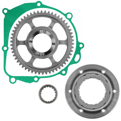 Heavy Duty Starter Clutch Gear Kit For Suzuki QuadRacer LT-R450 with metal gear, green gasket, and needle bearing.