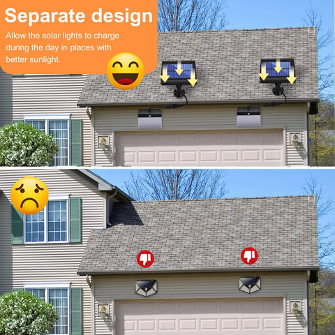 Comparison of solar motion lights outdoor with split solar panel, 3 modes dusk to dawn security flood lights on a garage