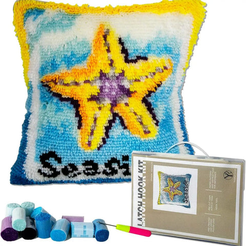 Latch Hook Kit For Beginners, 17x17 Inch Pre Printed Animal Cushion Cover With Easy Tools, No Drawing Needed, DIY Cross Stitch Craft For Adults, Red Panda Design, Home Sofa Car Decor Pillow Case with colorful starfish pattern.