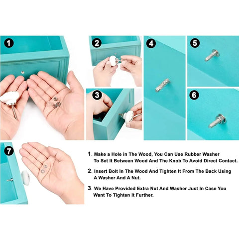 Installation guide for 100 Pack Multicolor Floral Ceramic Drawer Knobs And Cabinet Pulls showing assembly steps on teal drawer.