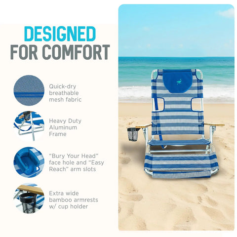 3N1 Lightweight Beach Reclining Lounge Chair With Footrest For Patio Porch Balcony Or Backyard, Blue Stripe in beach setting