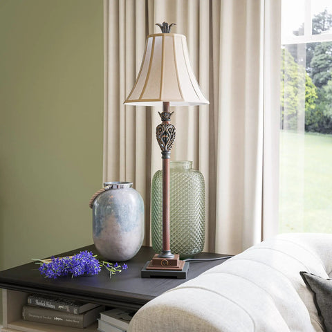 Tall Iron Lace Floor Lamp With Golden Ruby Finish, Classic Style And Ornate Scrollwork, Sculpted Finial Accent For Living Room