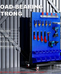 Heavy Duty Mobile 4 Tier Steel Workshop Shelving Unit With Wheels And Handle, showcased with tools on pegboard