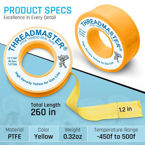 Yellow Gas Teflon Tape For Pipe Threads, 260 Inch Length, One Half Inch Width, Propane And Natural Gas Sealant, Pack Of 2