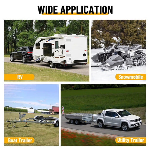 Image showcasing various vehicles including RV, snowmobile, boat trailer, and utility trailer, highlighting uses for 4 Pack 1.98 Inch Trailer Wheel Bearing Protectors Hub Guards With Auto Grease Check For Boat Trailer Snowmobile RV ATV Utility Cart Keep Your Rig Slick And Ready To Roll.