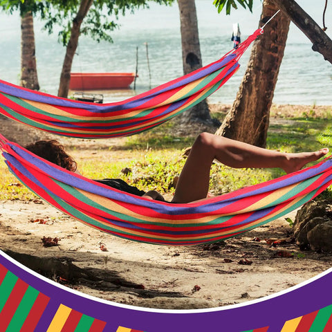 Two Piece Cotton Canvas Hammock Set For Outdoors Easy Setup With Carry Bag, large double hammock in use between trees by lake, red stripes