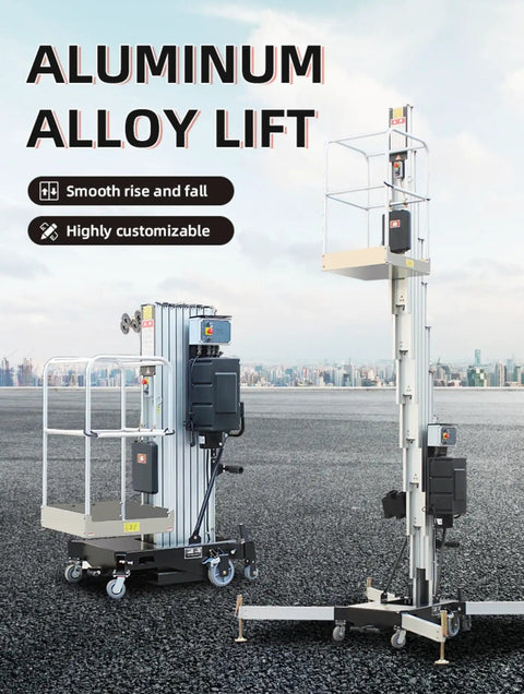 Badass Lightweight Single Mast Vertical Aluminum Lift Portable Electric Aerial Platform showing two models on asphalt surface.