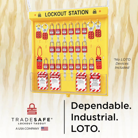 Front view of Lockout Tagout Station Unfilled Loto Kit Board With Wall Mount And Transparent Lockable Cover Industrial Grade Polycarbonate Construction Secured Storage For Loto Equipment No Devices Included.