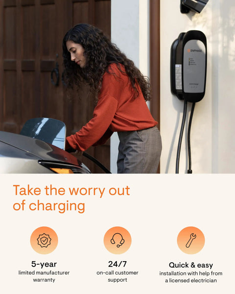 Woman using 32 Amp Level 2 Home EV Charger With J1772 Connector WiFi Enabled Smart Charging Schedule Off Peak Rates Hardwired