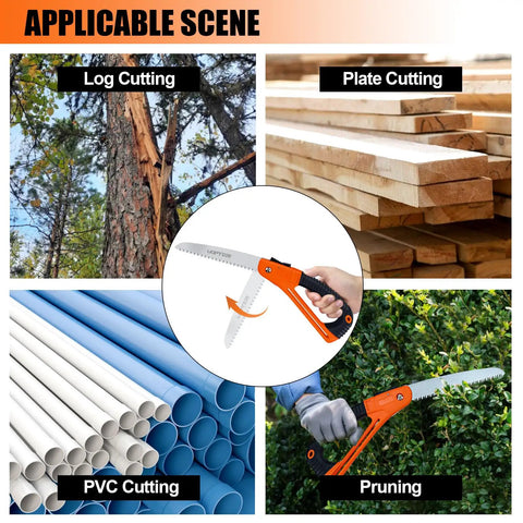 8 Inch Folding Hand Saw With Safety Guard Heavy Duty Pruning Tool For Tree Trimming And Camping High Carbon Steel With Triple Cut Razor Teeth displayed for versatility in cutting wood, PVC, and branches.