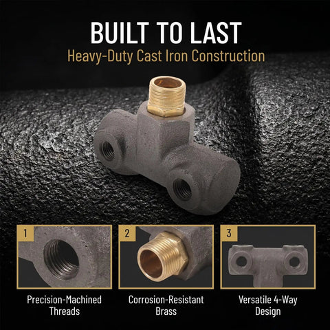 Built Tough Cast Iron Four Way Air Compressor Manifold Fitting With One Half Inch And One Quarter Inch Male Threads, multi port pneumatic tee