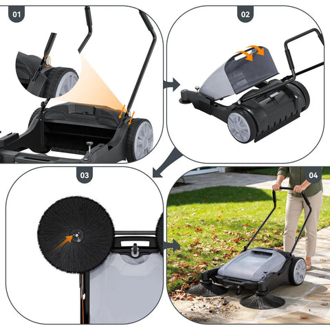 43 Inch Walk Behind Floor Sweeper With 15 Gallon Hopper Heavy Duty Industrial Cleaner For Warehouses, features close-up of side brushes and hopper.