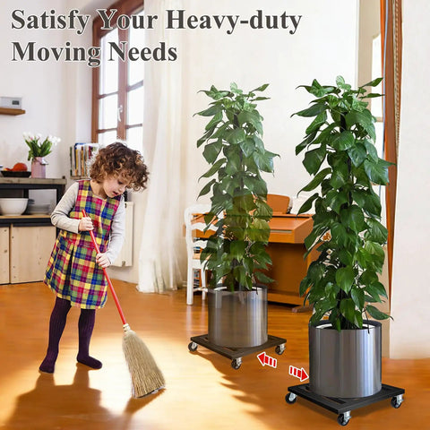 Badass Heavy Duty Plant Caddy With Wheels, 12 Inch Rolling Plant Stand holding tall plants on smooth glide casters in a living room.