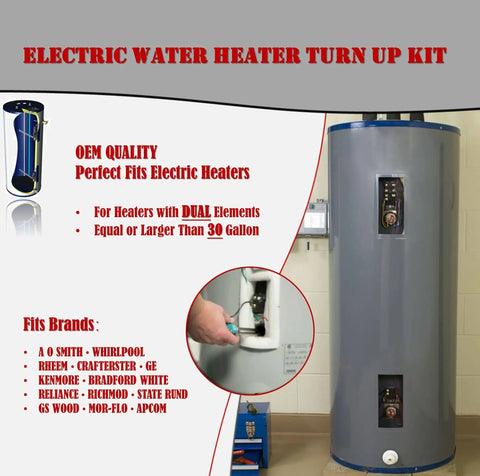 Electric Water Heater Tune Up Kit With Two 4500W 240V Elements Universal Upper And Lower Thermostats And Protective Covers Fits Most Brands One Year Warranty DIY Friendly Install And Longer Lifespan For Your Water Heater illustrated with compatible heater models.