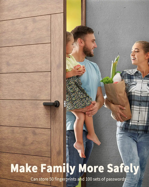 Family entering home using 3-In-1 Fingerprint Smart Door Lock With Keypad And Mechanical Key, No Key Hassle Lever Entry For Home Office Hotel Or Apartment, Supports 50 Fingerprints, Easy Install On Standard US Doors