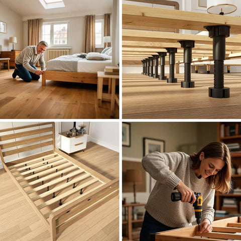 Heavy Duty Adjustable Furniture Leveling Feet Set Of 12 For Beds Desks Cabinets Shelves And Workbenches Non Slip Commercial Grade Support Easy Install Supports Up To 1000 Lbs Each Adjustable From 3.5 To 6 Inches installed on bed frame, close-up view of leveling and installation process.