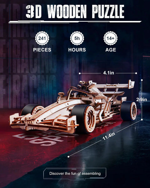 1 To 18 Scale Formula Racing Car Puzzle Kit For Adults, Wind Up Wooden Model Car Kit with dimensions 11.4in x 4.1in x 2.9in