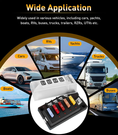 Waterproof 4 Circuit Fuse Panel, Ato Blade Fuse Block with LED Indicators for use in boats, cars, RVs, and trucks.