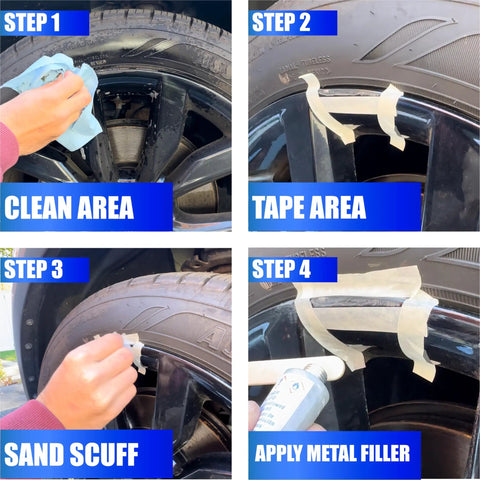 Steps showing Straight Up Do It Yourself Silver Wheel Restoration Kit For Fixing Busted Curb Rash Deep Scratches And Rust On Alloy Rims.