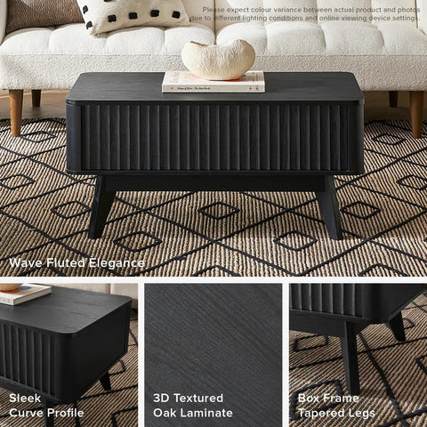 Top Shelf Modern Lift Top Coffee Table With Sleek Fluted Paneling And A Game Changing Pull Up Desktop Plus Hidden Storage Compartment In Durable Black Oak Finish, shown from the front with books and decor.